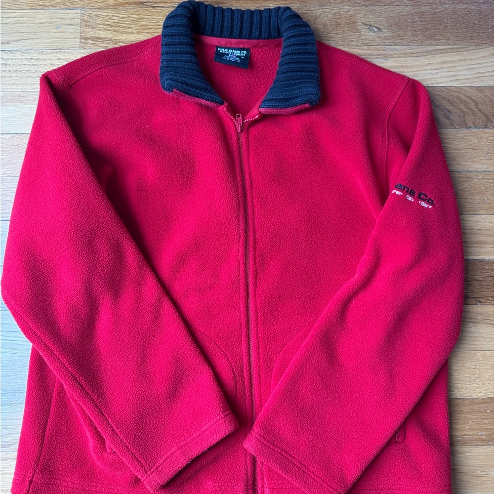 Ralph Lauren Red Fleece Jacket with Black Collar Vintage Medium